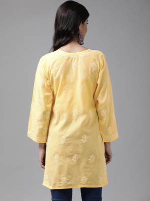 Hand Embroidered Yellow Cotton Lucknowi Chikankari Women Short Kurti 2