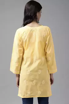 Hand Embroidered Yellow Cotton Lucknowi Chikankari Women Short Kurti