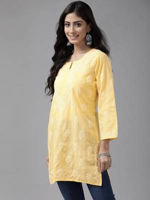 Hand Embroidered Yellow Cotton Lucknowi Chikankari Women Short Kurti 3