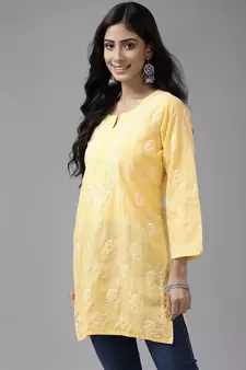 Hand Embroidered Yellow Cotton Lucknowi Chikankari Women Short Kurti