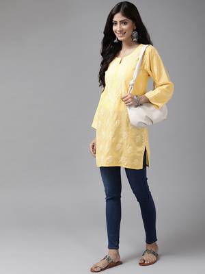 Hand Embroidered Yellow Cotton Lucknowi Chikankari Women Short Kurti 4