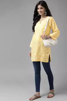 Hand Embroidered Yellow Cotton Lucknowi Chikankari Women Short Kurti