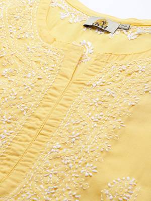 Hand Embroidered Yellow Cotton Lucknowi Chikankari Women Short Kurti 5