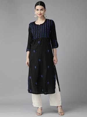 Hand Embroidered Black & Royal Blue Cotton Lucknowi Chikankari Women Kurta 1