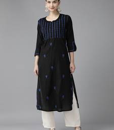 Hand Embroidered Black & Royal Blue Cotton Lucknowi Chikankari Women Kurta