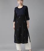 Hand Embroidered Black & Royal Blue Cotton Lucknowi Chikankari Women Kurta