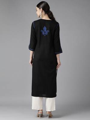 Hand Embroidered Black & Royal Blue Cotton Lucknowi Chikankari Women Kurta 2