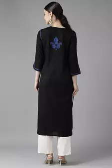 Hand Embroidered Black & Royal Blue Cotton Lucknowi Chikankari Women Kurta