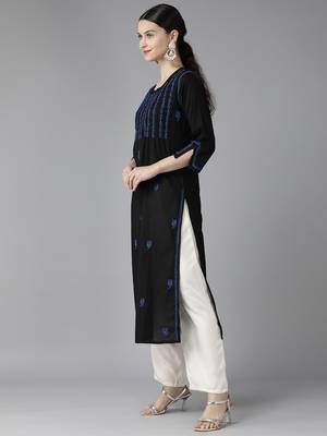 Hand Embroidered Black & Royal Blue Cotton Lucknowi Chikankari Women Kurta 3