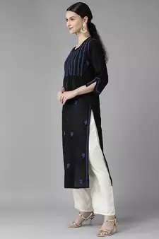 Hand Embroidered Black & Royal Blue Cotton Lucknowi Chikankari Women Kurta