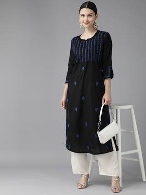 Hand Embroidered Black & Royal Blue Cotton Lucknowi Chikankari Women Kurta 4