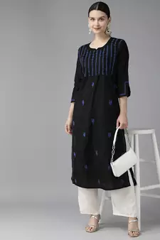 Hand Embroidered Black & Royal Blue Cotton Lucknowi Chikankari Women Kurta