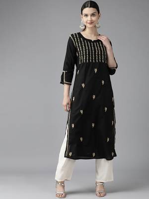 Hand Embroidered Black & Fawn Cotton Lucknowi Chikankari Women Kurta 1
