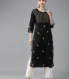 Hand Embroidered Black & Fawn Cotton Lucknowi Chikankari Women Kurta