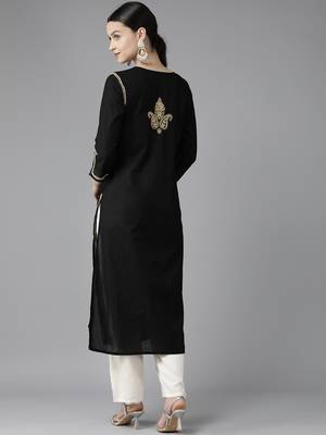 Hand Embroidered Black & Fawn Cotton Lucknowi Chikankari Women Kurta 2