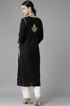 Hand Embroidered Black & Fawn Cotton Lucknowi Chikankari Women Kurta