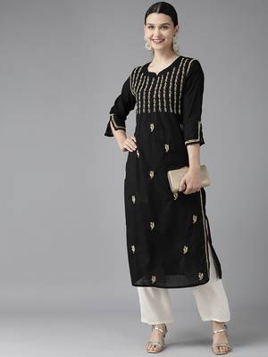 Hand Embroidered Black & Fawn Cotton Lucknowi Chikankari Women Kurta 3