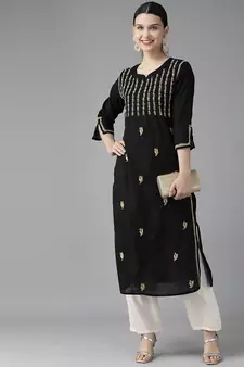 Hand Embroidered Black & Fawn Cotton Lucknowi Chikankari Women Kurta