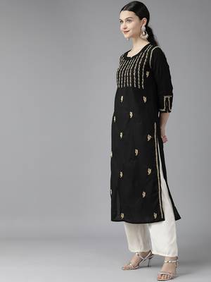 Hand Embroidered Black & Fawn Cotton Lucknowi Chikankari Women Kurta 4