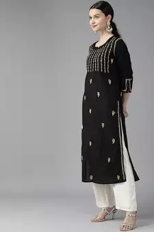 Hand Embroidered Black & Fawn Cotton Lucknowi Chikankari Women Kurta
