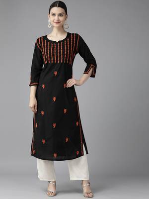 Hand Embroidered Black & Rust Cotton Lucknowi Chikankari Women Kurta 1