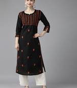 Hand Embroidered Black & Rust Cotton Lucknowi Chikankari Women Kurta