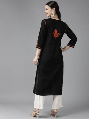 Hand Embroidered Black & Rust Cotton Lucknowi Chikankari Women Kurta 2