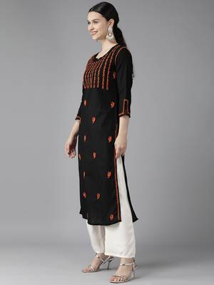 Hand Embroidered Black & Rust Cotton Lucknowi Chikankari Women Kurta 3