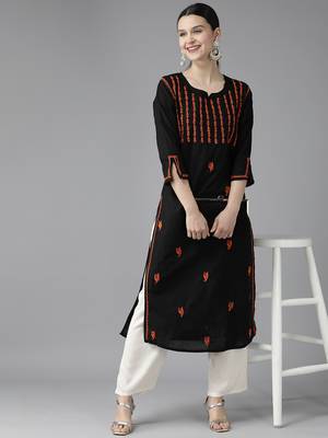 Hand Embroidered Black & Rust Cotton Lucknowi Chikankari Women Kurta 4