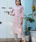 Pink printed cotton long-kurtis