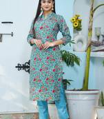 Turquoise printed cotton long-kurtis