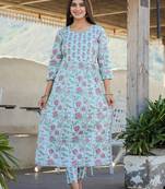 Blue printed cotton long-kurtis