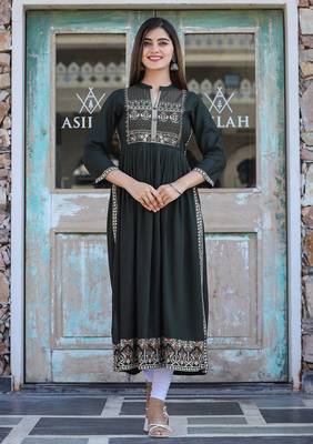 Green printed rayon long-kurtis 1