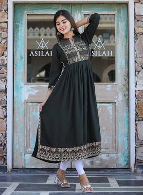 Green printed rayon long-kurtis 3