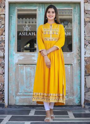 Yellow printed rayon long-kurtis 1
