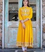 Yellow printed rayon long-kurtis
