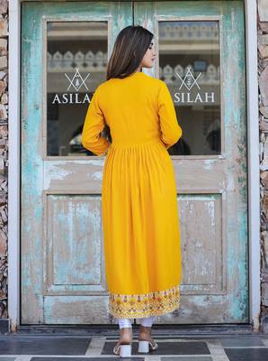 Yellow printed rayon long-kurtis 2