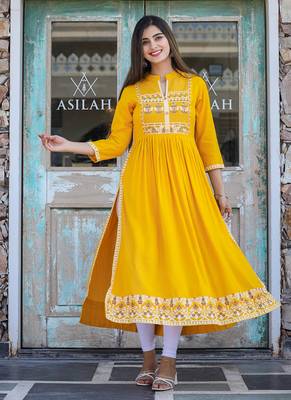 Yellow printed rayon long-kurtis 3