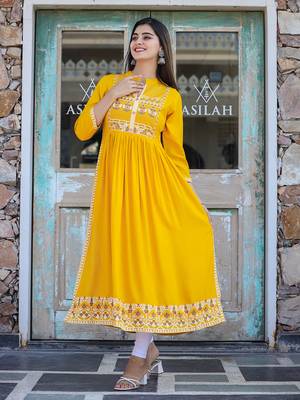 Yellow printed rayon long-kurtis 4