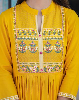 Yellow printed rayon long-kurtis 5