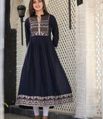 Blue printed rayon long-kurtis