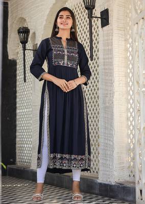 Blue printed rayon long-kurtis 3