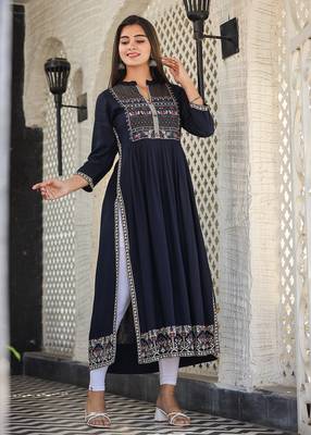 Blue printed rayon long-kurtis 4