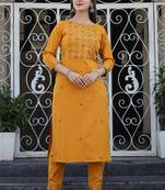 Yellow printed cotton long-kurtis