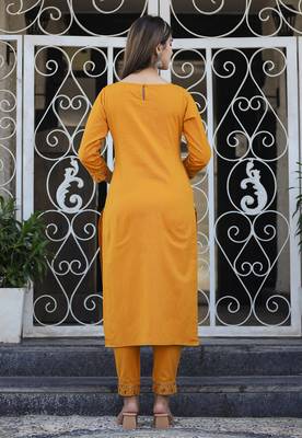 Yellow printed cotton long-kurtis 2