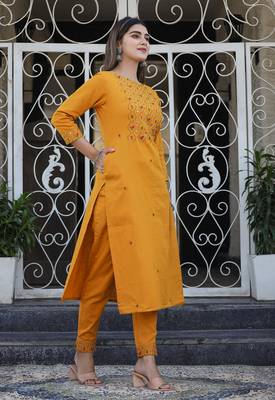 Yellow printed cotton long-kurtis 3