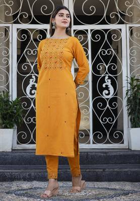 Yellow printed cotton long-kurtis 4