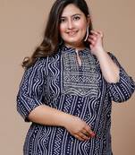 Women's Plus Size Blue Coloured Rayon Embroidered Bandhej Straight Kurta