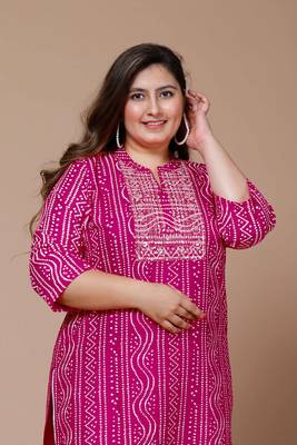 Miravan Women's Plus Size Pink Rayon Bandhej Printed Straight Kurta 1