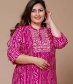 Miravan Women's Plus Size Pink Rayon Bandhej Printed Straight Kurta